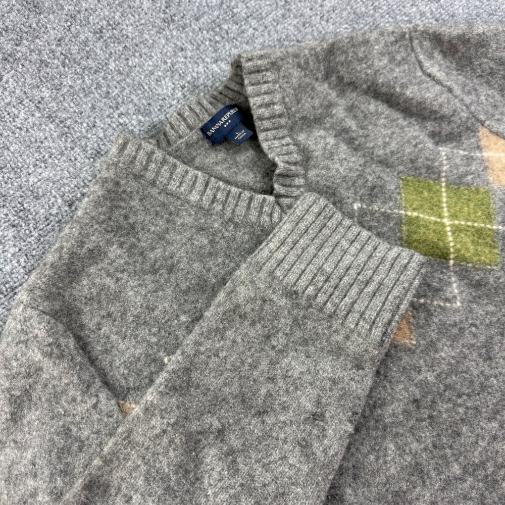 Banana Republic V-Neck Sweater Large Gray Argyle Lambswool Pullover Mens